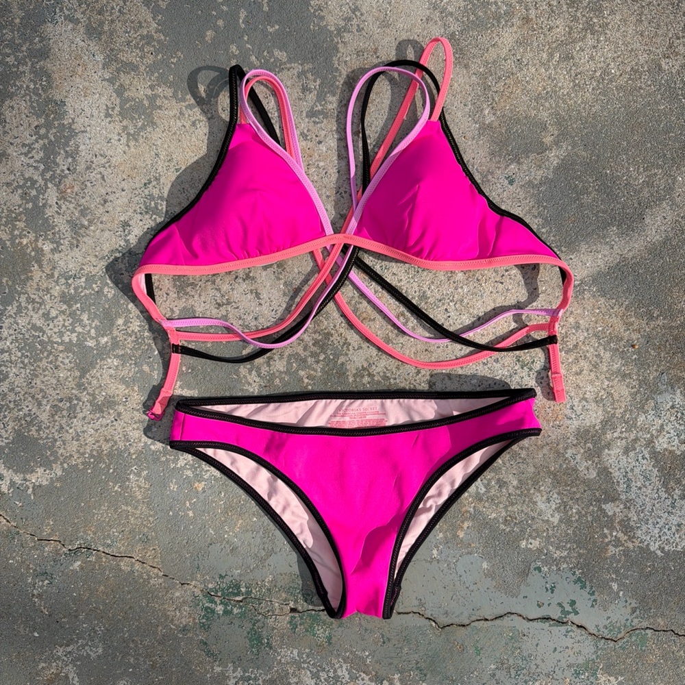 Victoria's Secret Neon Pink & Black Trim Triangle Bikini